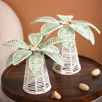 Set Of 2 Raffia Palm Candle Holder For Home Decor