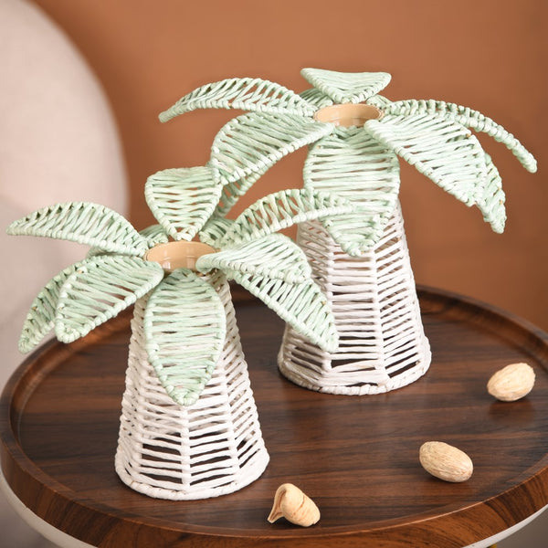 Set Of 2 Raffia Palm Candle Holder For Home Decor