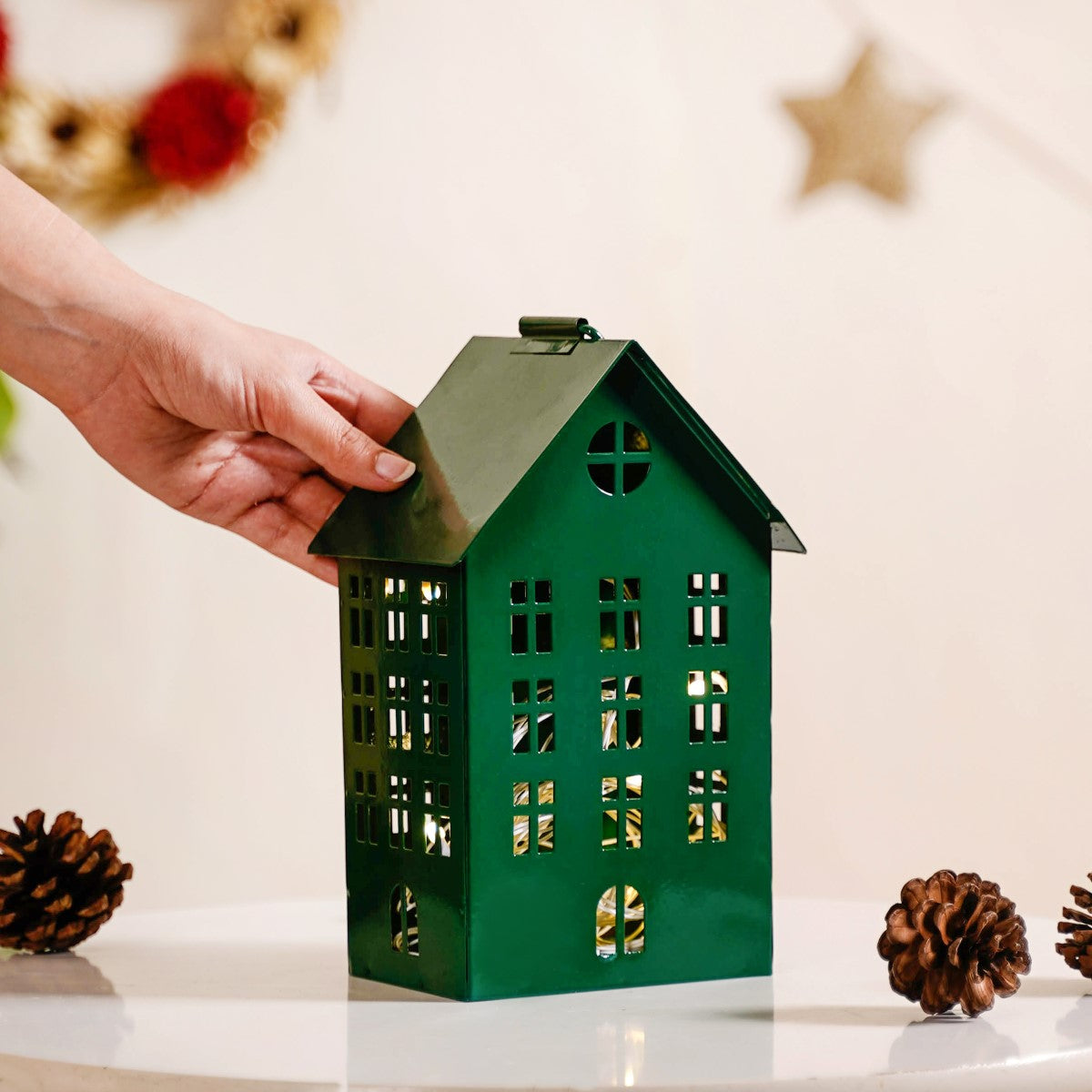 House Shaped Lantern With Handle Green Online - Premium Lantern