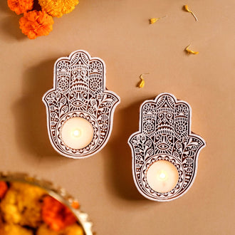 Set Of 2 Hamsa Hand Mango Wood Tea Light Holders