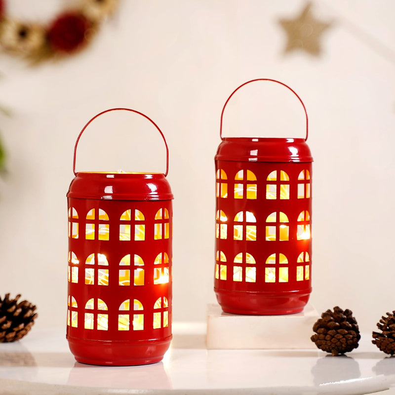 Festive Red Candle Holder With Handle Set of 2- Metal Candle Holder, Candle Holder with Handle, Decorative Candle Holder, Glow Candle Holder