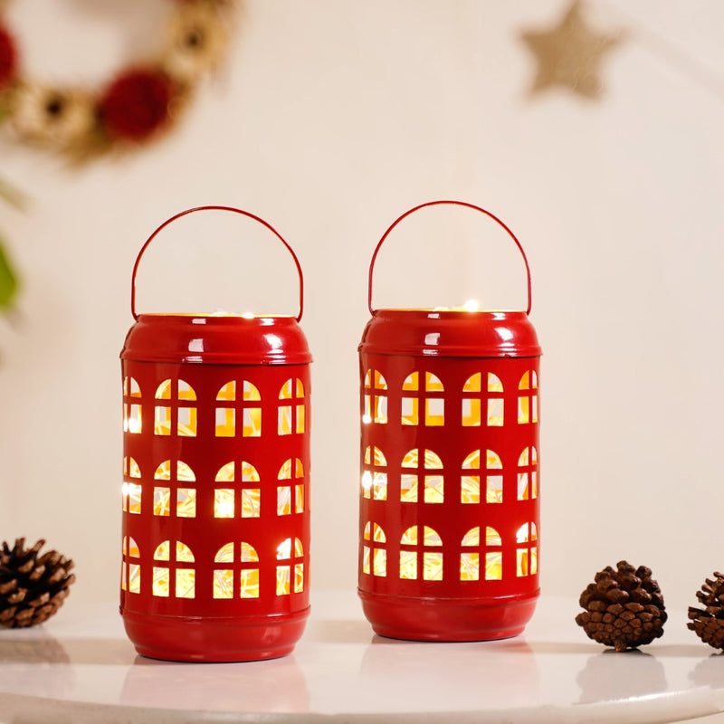 Festive Red Candle Holder With Handle Set of 2- Metal Candle Holder, Candle Holder with Handle, Decorative Candle Holder, Glow Candle Holder