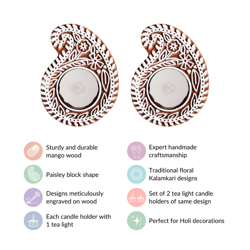 Wooden Paisley Block Candle Holder Set Of 2