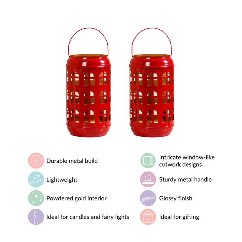 Festive Red Candle Holder With Handle Set of 2- Metal Candle Holder, Candle Holder with Handle, Decorative Candle Holder, Glow Candle Holder
