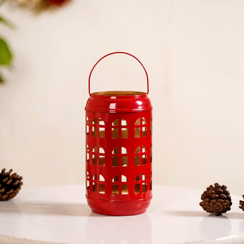 Festive Red Candle Holder With Handle Set of 2- Metal Candle Holder, Candle Holder with Handle, Decorative Candle Holder, Glow Candle Holder