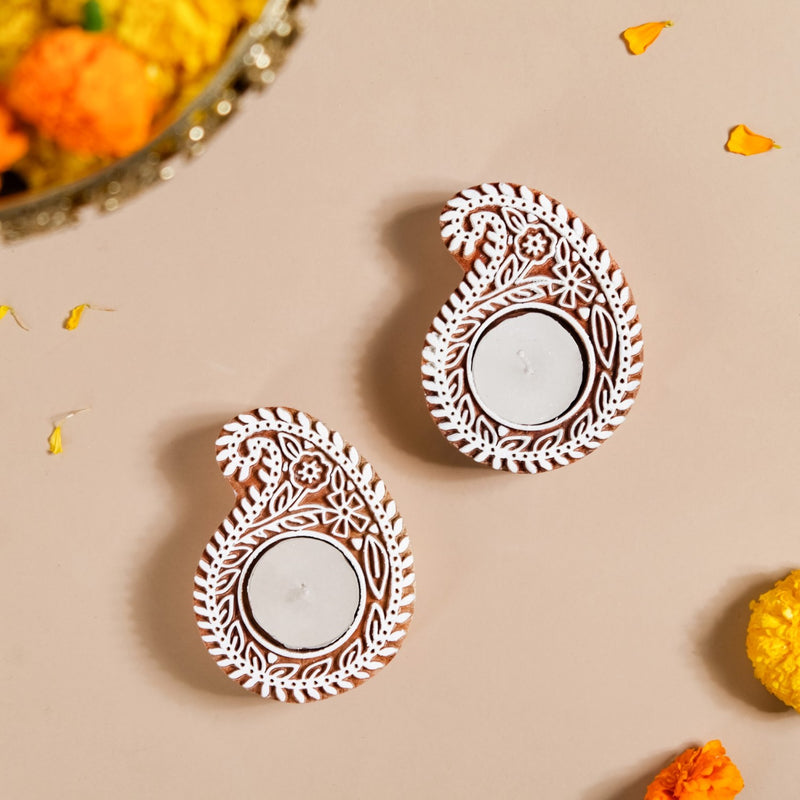 Wooden Paisley Block Candle Holder Set Of 2