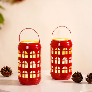 Festive Red Candle Holder With Handle Set of 2