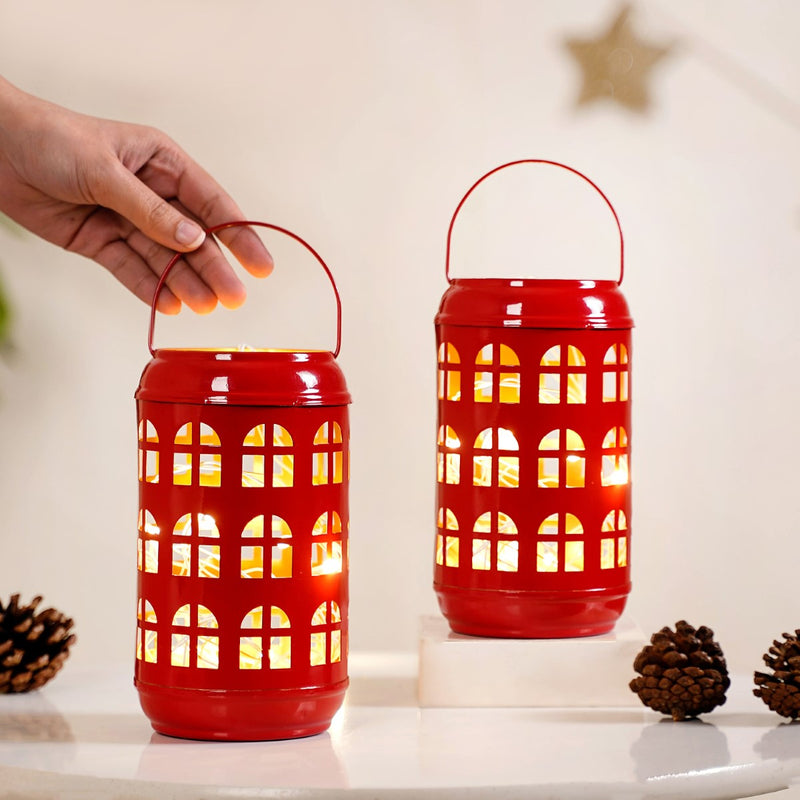 Festive Red Candle Holder With Handle Set of 2- Metal Candle Holder, Candle Holder with Handle, Decorative Candle Holder, Glow Candle Holder