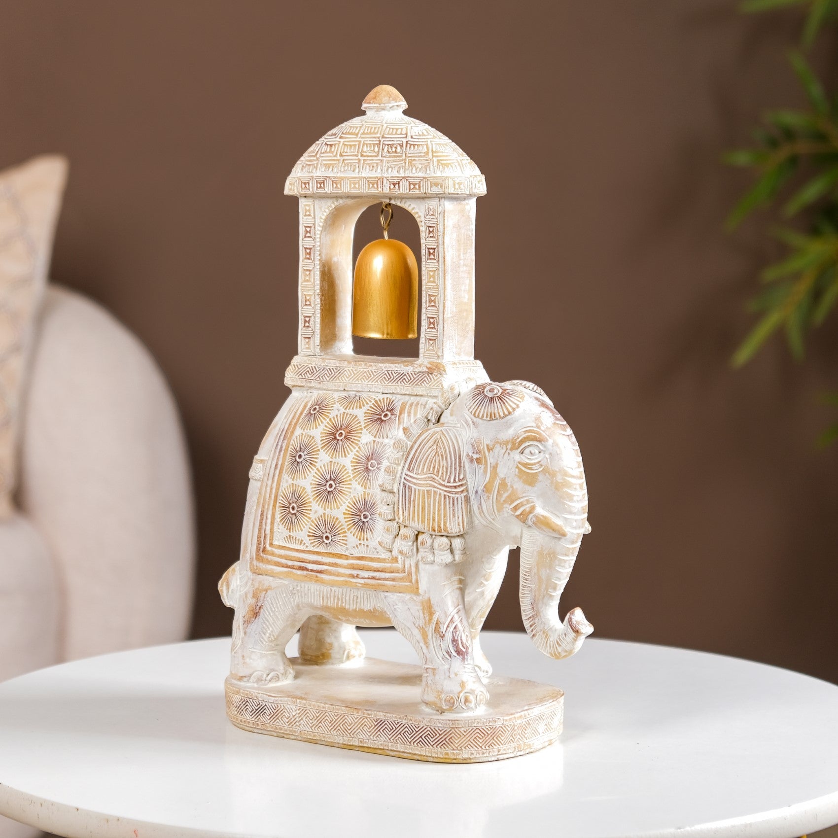 Elephant Ambabari With Bell Showpiece White Online - Premium Decor