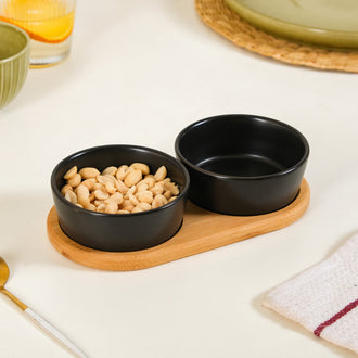 Set Of 2 Small Black Snack Bowls With Serving Tray 200ml