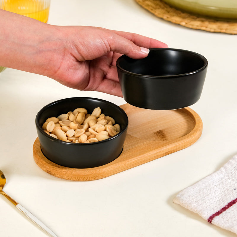 Set Of 2 Small Black Snack Bowls With Serving Tray 200ml