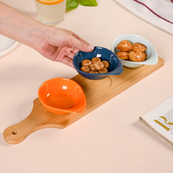 Set Of 3 Colourful Ceramic Bowls With Bamboo Tray 100ml