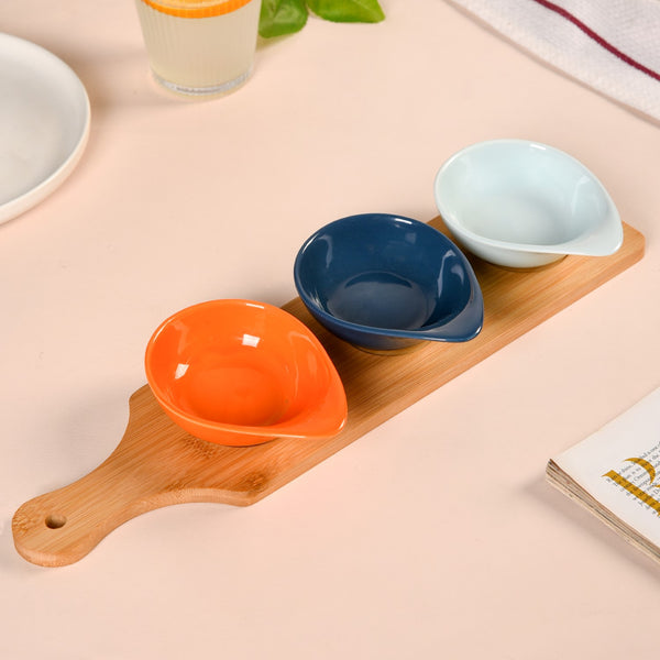 Set Of 3 Colourful Ceramic Bowls With Bamboo Tray 100ml