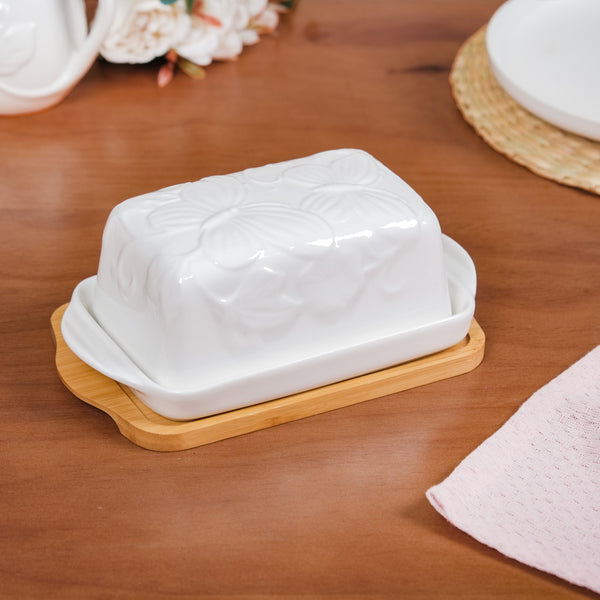 Ceramic Butter Dish With Lid And Wooden Tray