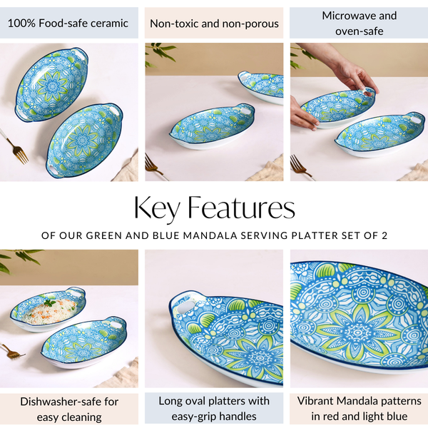 Green And Blue Mandala Serving Platter Set Of 2