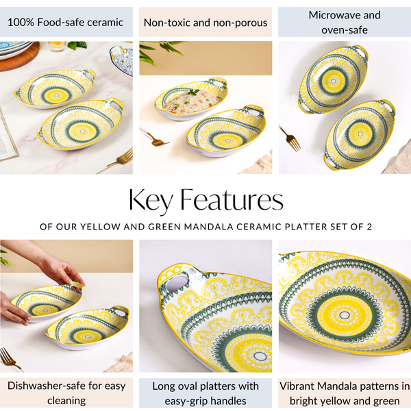 Yellow And Green Mandala Ceramic Platter Set Of 2