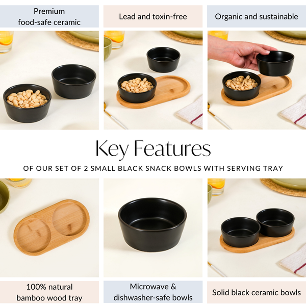 Black Snack Bowls Set Of 2 With Serving Tray 200ml