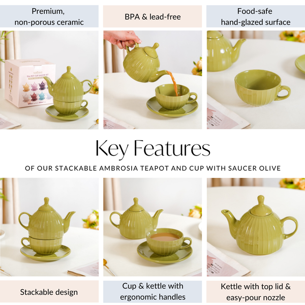 Stackable Ambrosia Teapot And Cup With Saucer Olive Green