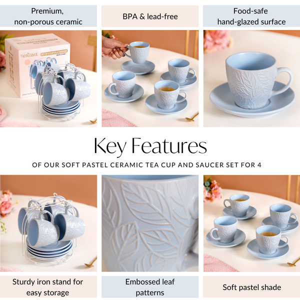 Soft Pastel Ceramic Tea Cup And Saucer Set For 4 With Stand 240ml