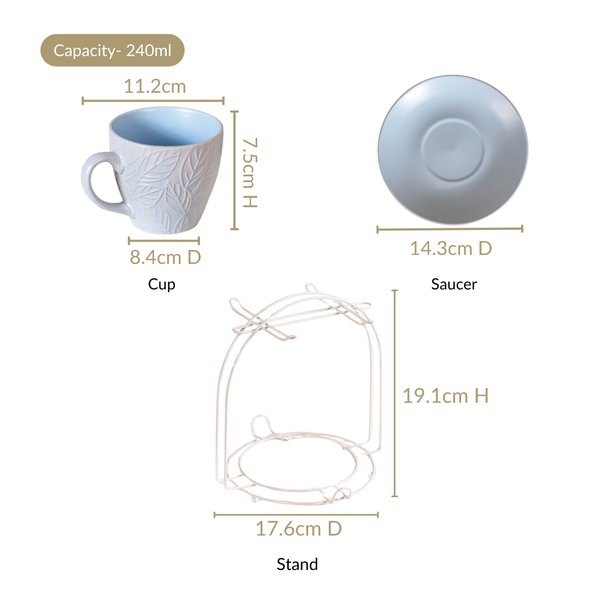 Soft Pastel Ceramic Tea Cup And Saucer Set For 4 With Stand 240ml