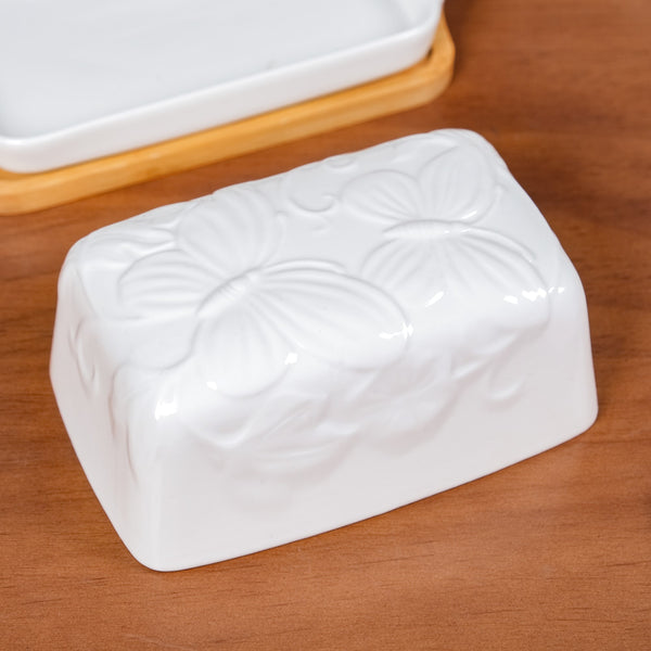 Ceramic Butter Dish With Lid And Wooden Tray