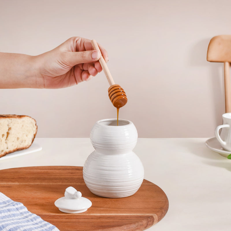 White Honey Pot With Wooden Dipper 350ml