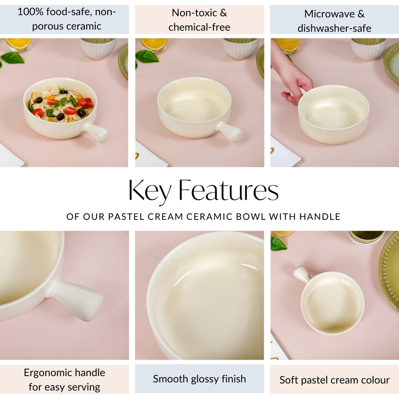 Pastel Cream Ceramic Bowl With Handle 650ml