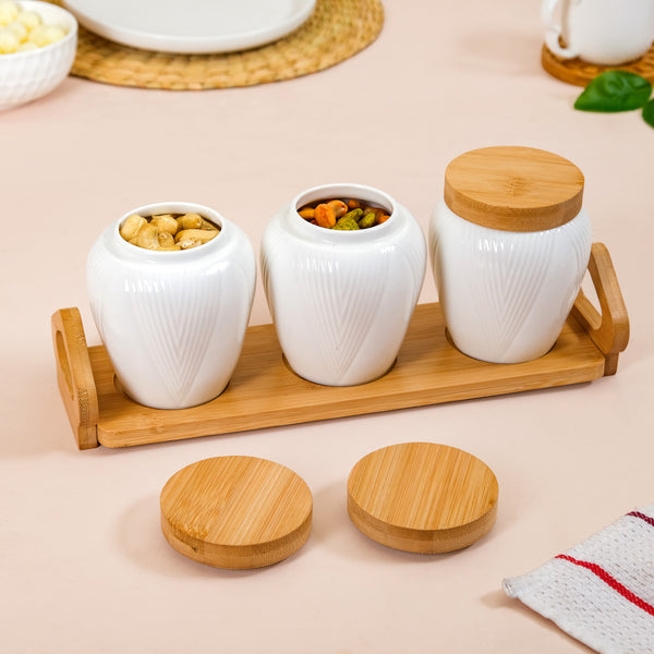 Blanca Set Of 3 Airtight Ceramic Jars With Lids And Wooden Tray