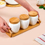 Set Of 3 Airtight Ceramic Jars With Lids And Wooden Tray