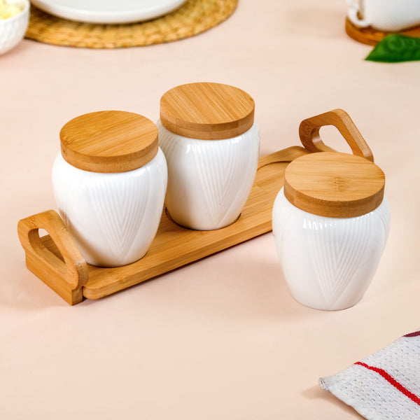 Blanca Set Of 3 Airtight Ceramic Jars With Lids And Wooden Tray