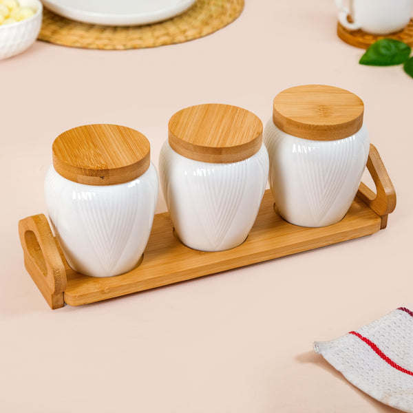 Blanca Set Of 3 Airtight Ceramic Jars With Lids And Wooden Tray