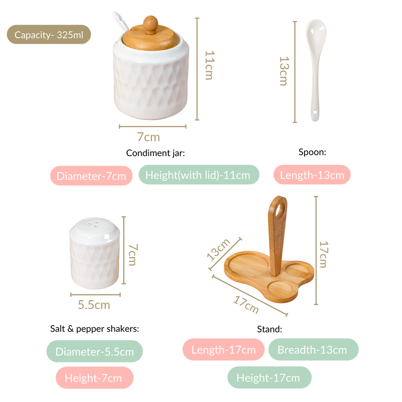 Ceramic Seasoning Jar Set Of 3 With Spoon And Wooden Stand