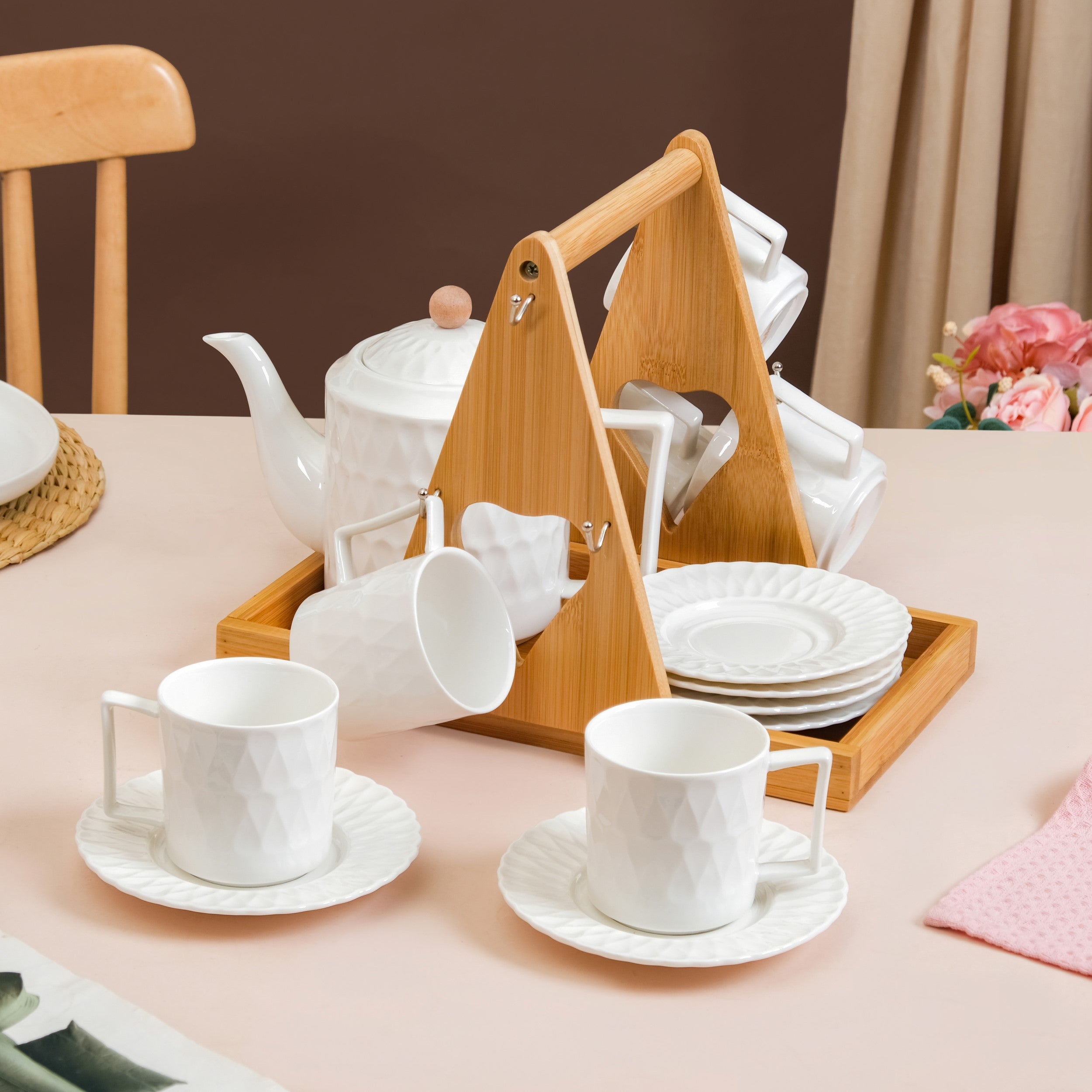 Teardrop Textured Ceramic Tea Set For 6 With Stand Online - Premium Tea ...