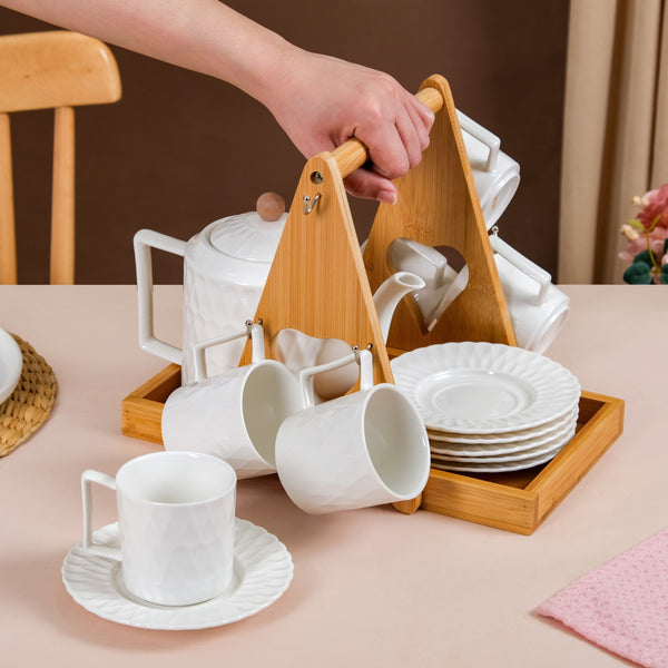 Teardrop Textured Ceramic Tea Set For 6 With Stand Online - Premium Tea ...