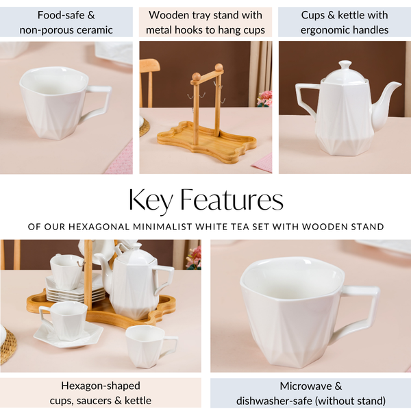 Hexagonal Minimalist White Tea Set With Wooden Stand