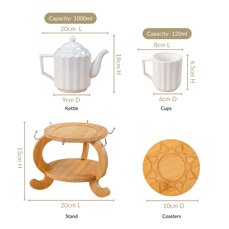 Fluted Ceramic Tea Set With Double Tier Wooden Stand