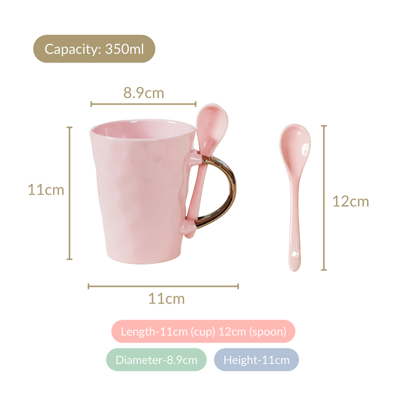 Coffee Mugs With Spoons Pink Set Of 6 350ml - Coffee mugs, ceramic mug set, coffee mug set, coffee mug with spoon