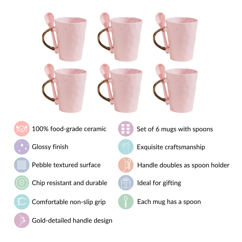 Coffee Mugs With Spoons Pink Set Of 6 350ml - Coffee mugs, ceramic mug set, coffee mug set, coffee mug with spoon