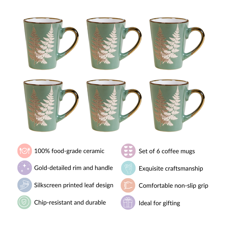 Fern Leaves Coffee Mug Set Of 6 Sage Green 350ml - Coffee mugs, coffee mug set, ceramic coffee mugs, printed coffee mugs
