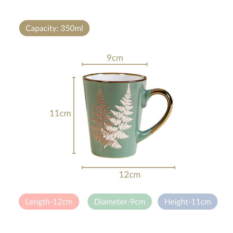 Fern Leaves Coffee Mug Set Of 6 Sage Green 350ml - Coffee mugs, coffee mug set, ceramic coffee mugs, printed coffee mugs