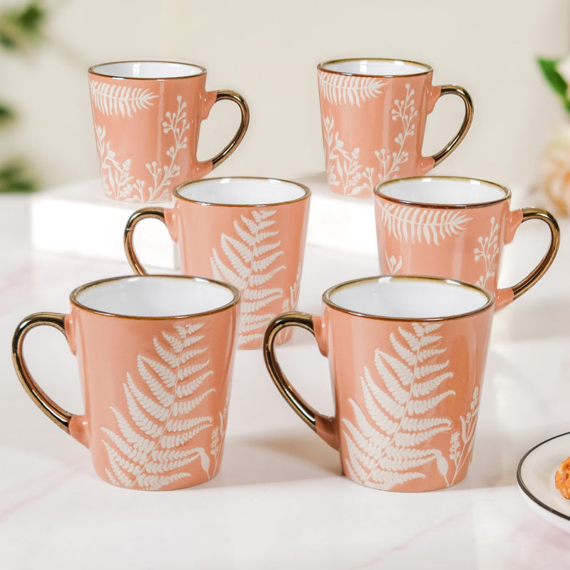 Pastel Peach Leaf Latte Mug Set of 6 200ml - Tea cups, tea cup set, ceramic tea cups, printed tea cups, tea cup set of 6