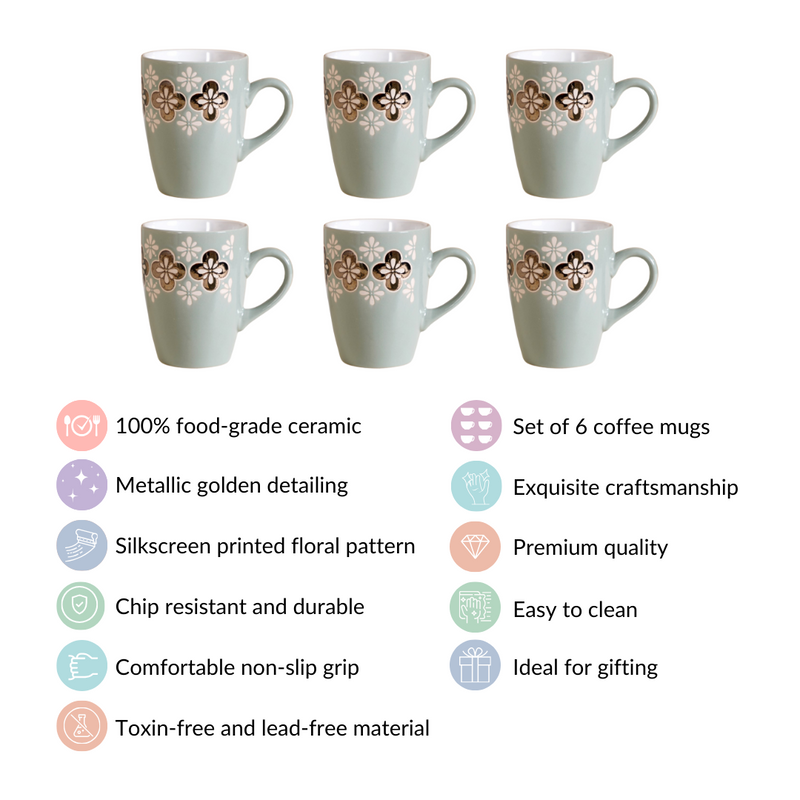 Bronze Flowers Sage Blue Coffee Mug Set Of 6 350ml - Coffee mugs, ceramic mug set, coffee mug set