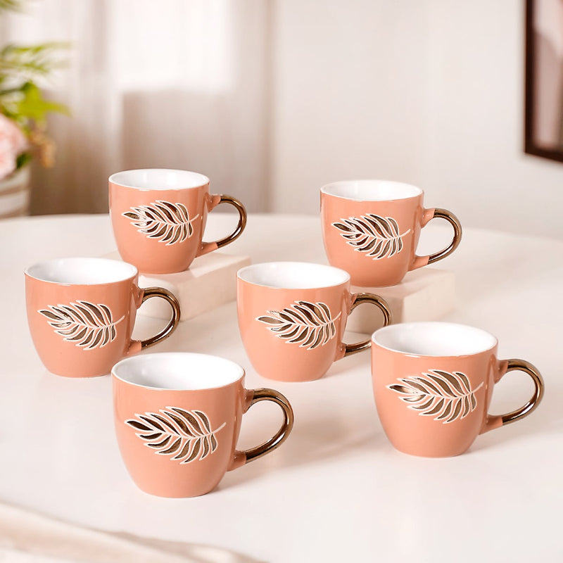 Luxury Leaf Ceramic Tea Cup Set of 6 Peach 250ml - Tea cup set, tea cups, ceramic tea cups, tea cup set of 6