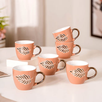 Luxury Leaf Ceramic Tea Cup Set of 6 Peach 250ml - Tea cup set, tea cups, ceramic tea cups, tea cup set of 6