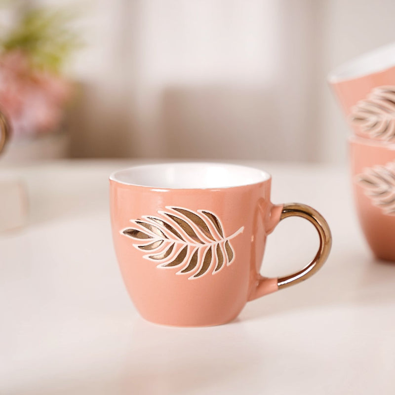 Luxury Leaf Ceramic Tea Cup Set of 6 Peach 250ml - Tea cup set, tea cups, ceramic tea cups, tea cup set of 6