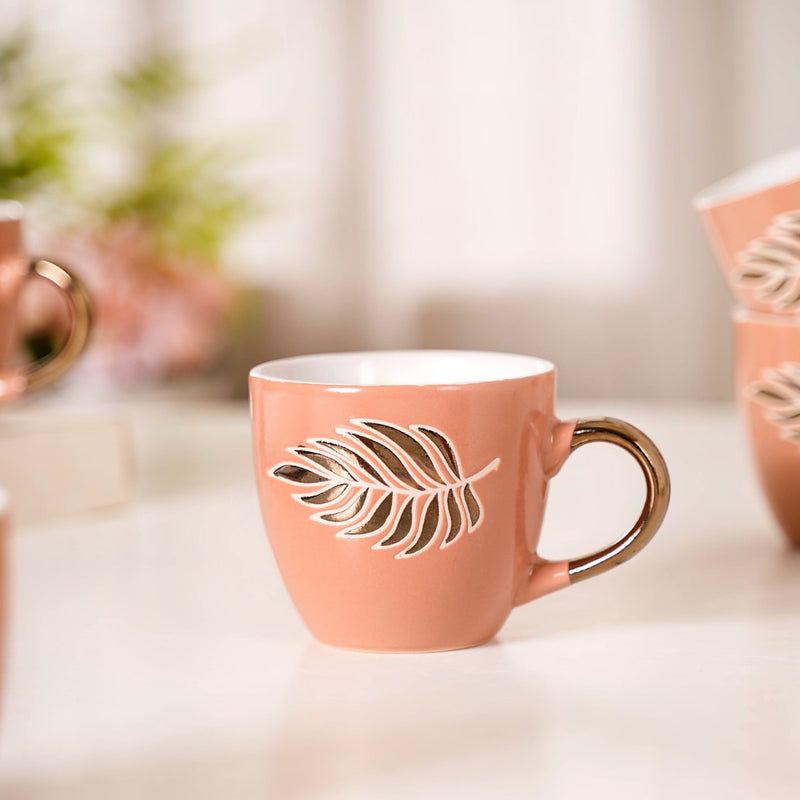 Luxury Leaf Ceramic Tea Cup Set of 6 Peach 250ml - Tea cup set, tea cups, ceramic tea cups, tea cup set of 6