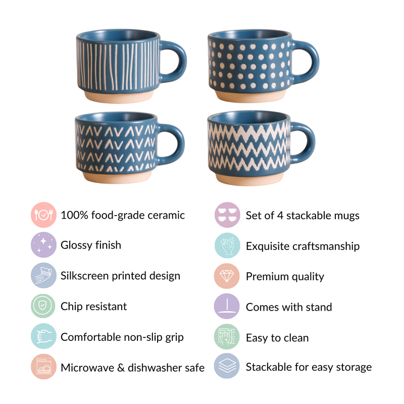 Eclectic Stackable Cups Set Of 4 With Stand Blue 180ml - Tea cups, tea cup set, coffee cups, coffee cup set, ceramic cups, ceramic tea cups