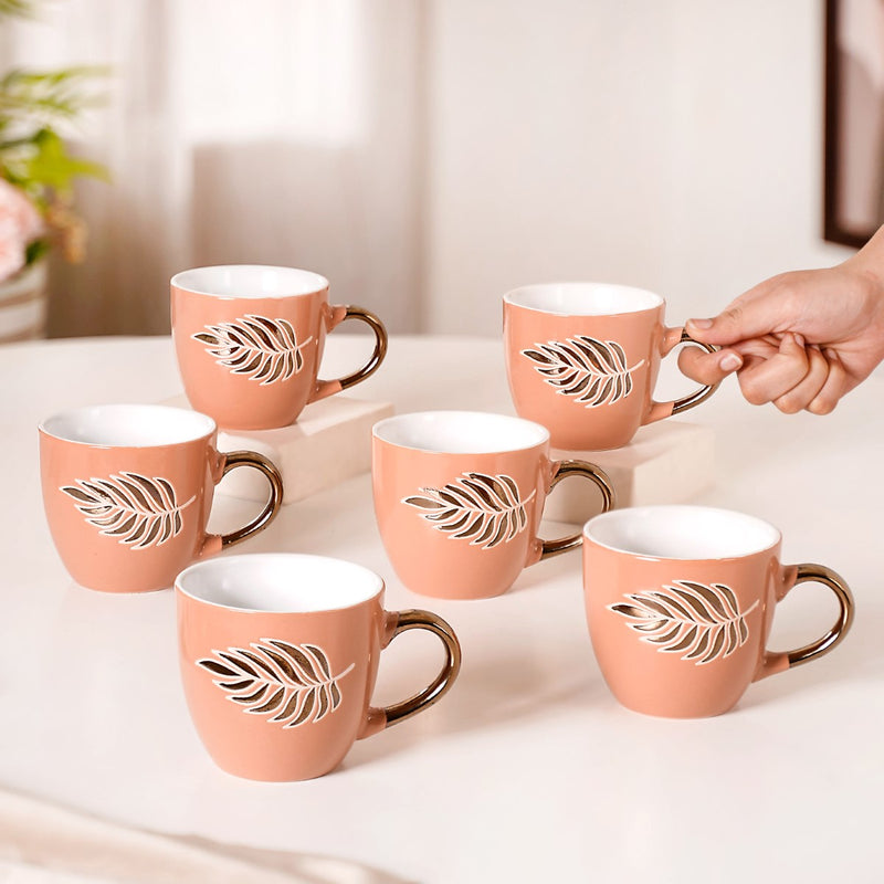 Luxury Leaf Ceramic Tea Cup Set of 6 Peach 250ml - Tea cup set, tea cups, ceramic tea cups, tea cup set of 6