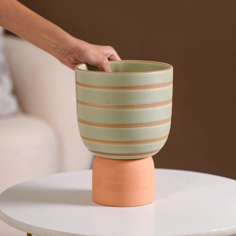 Modern Striped Ceramic Flower Pot Green