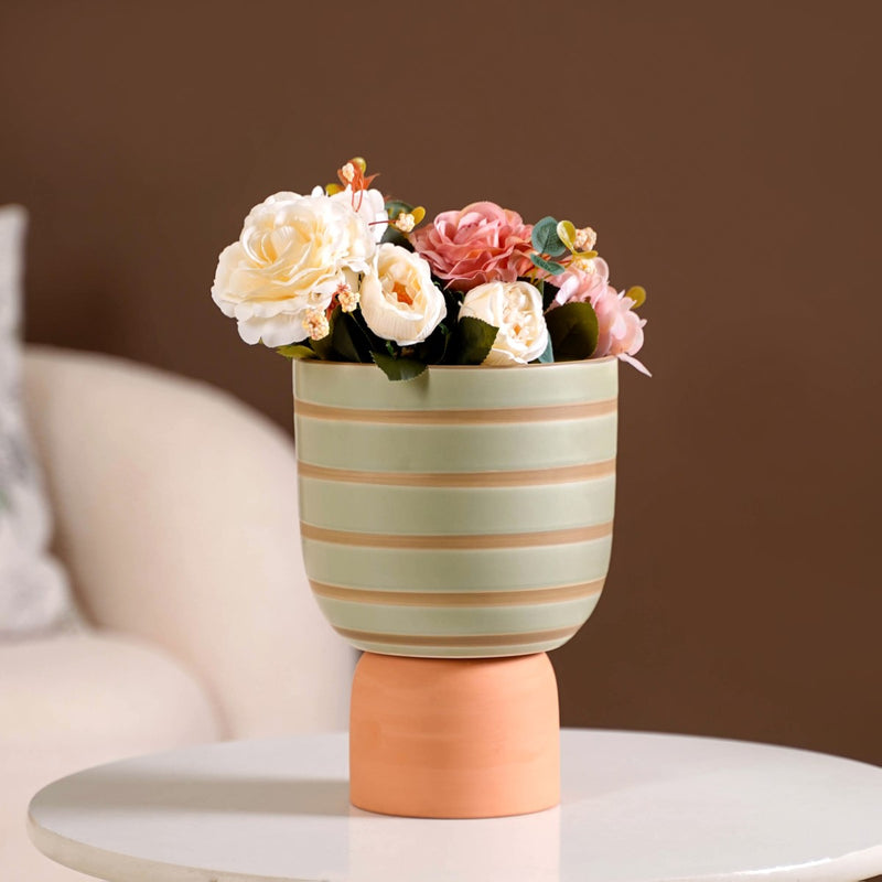 Modern Striped Ceramic Flower Pot Green